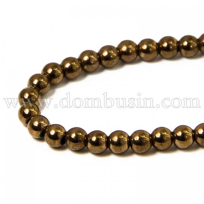 Намистини Синтетичний Гематит, Немагнітний, На нитках, Круглі, Колір: Мідь, Діаметр: 4 мм, Отвір 1мм, близько 100шт / 40см / нитка, (УТ100011280)