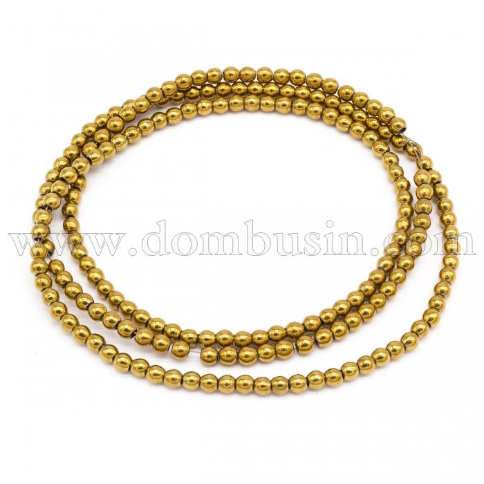 Бусины Синтетический Гематит, Немагнитный, На нитях, Круглые, Цвет: Золото, Размер: 2мм, Отв. 1мм, около 200шт/40см/нить, (УТ100011283)