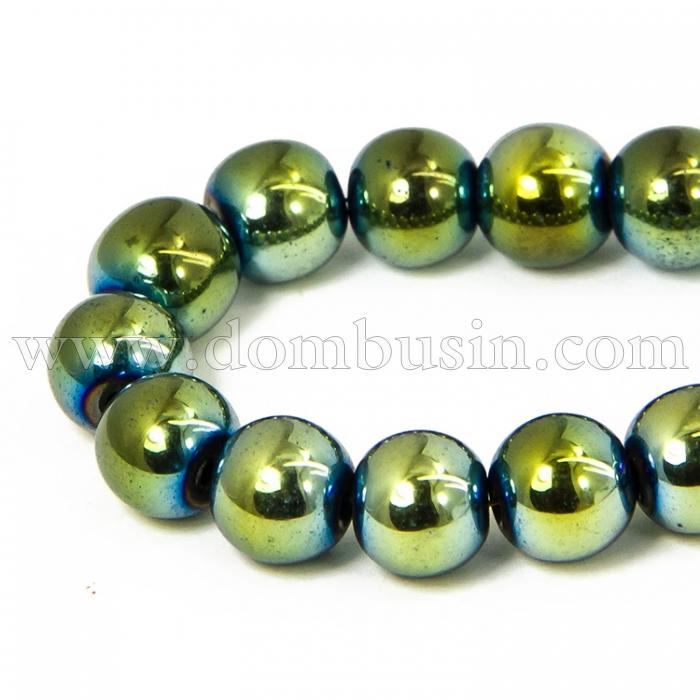 Бусины Синтетический Гематит, Немагнитный, На нитях, Круглые, Цвет: Зеленый, Диаметр: 8мм, Отв. 1.5мм, около 50шт/40см/нить, (УТ100011287)