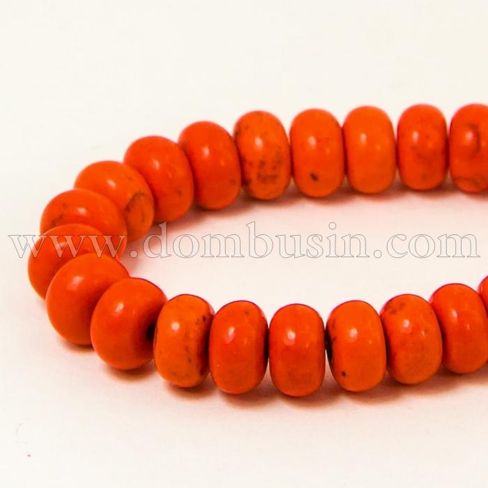 Намистини Синтетична Бірюза, Пофарбовані, На нитках, Рондель, Колір: Помаранчевий, Розмір: Діаметр: 8 мм, Товщина 5мм, Отвір 1мм, близько 80шт / 40см / нитка, (УТ100011475)