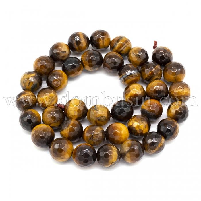 Бусины Натуральный Тигровый Глаз, Класс АВ, Граненые, На нитях, Круглые, Коричневый, 10мм, Отверстие 1мм, около 38шт/39см/нить (УТ100011726)