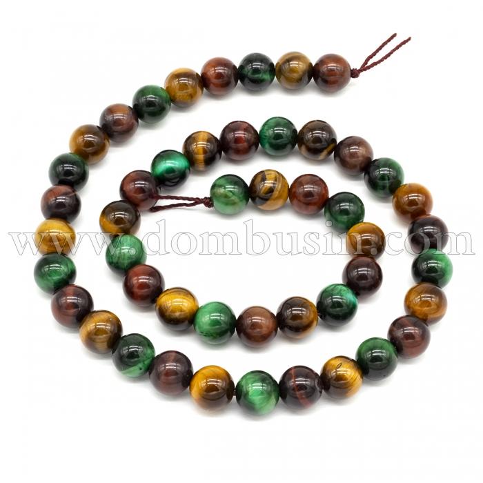 Бусины Натуральный Тигровый Глаз, Класс А, на нитях, Круглые, Цвет: Микс, Размер: 8мм, Отверстие 1.2мм, около 45шт/37см/нить, (УТ100011729)