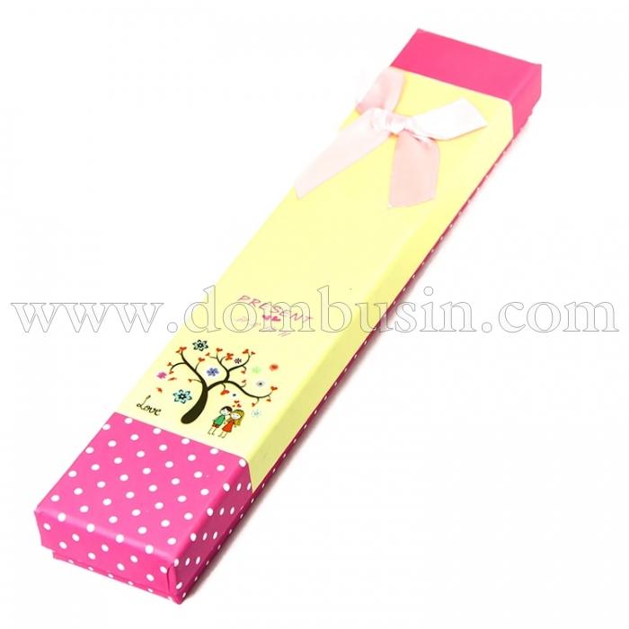 Подарункова Коробочка для намиста, з Малюнком і Бантиком, Колір: Рожевий, Розміри: 21x4x2см, (УТ100011803)