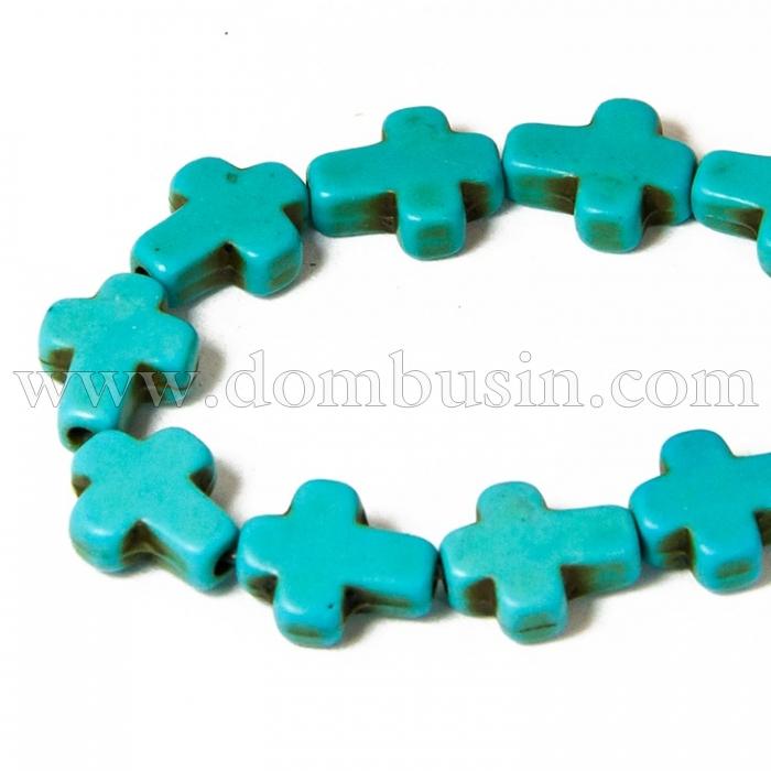 Бусины Синтетическая Бирюза, Окрашенные, На нитях, Крест, Цвет: Бирюзовый, Размер: 10х8х3мм, Отв. 1мм, около 38шт/38см/нить, (УТ100012099)