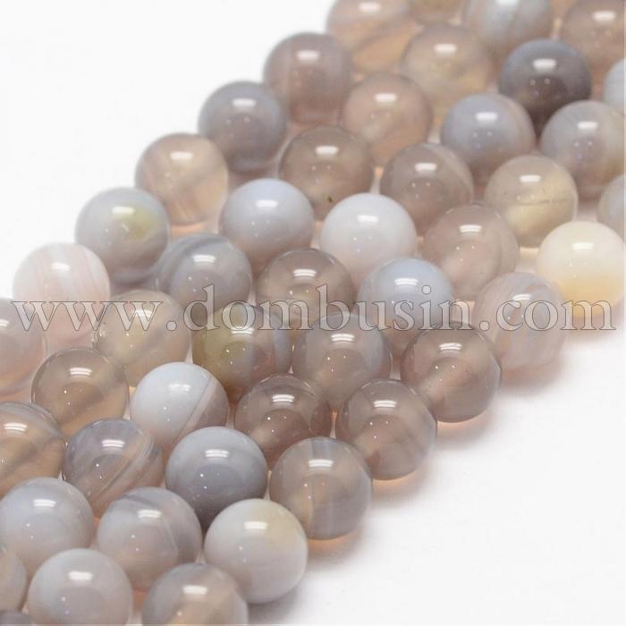 Бусины Натуральный Полосатый Агат, Круглые, Цвет: Светло-серый, Диаметр: 10мм, Отв. 1мм, около 37шт/38см/нить, (УТ100011851)