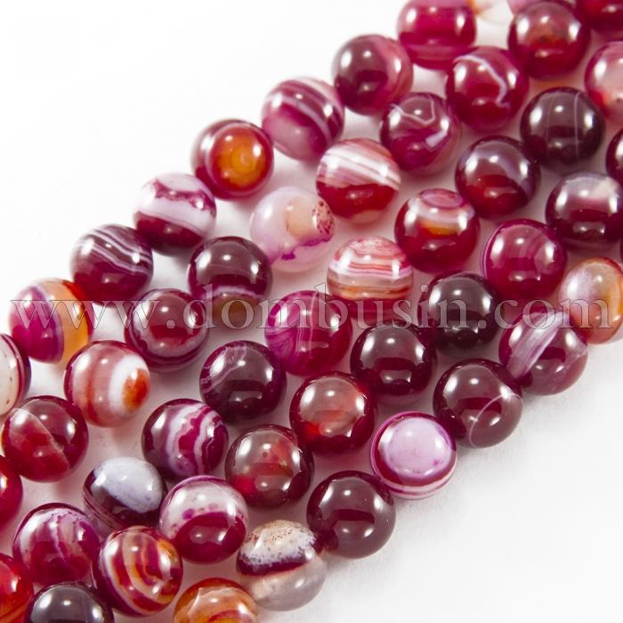Намистини Натуральний Смугастий Агат, Круглі, Колір: Темно-червоний, Діаметр: 8 мм, Отвір 1мм, близько 48шт / 39см / нитка, (УТ100011858)