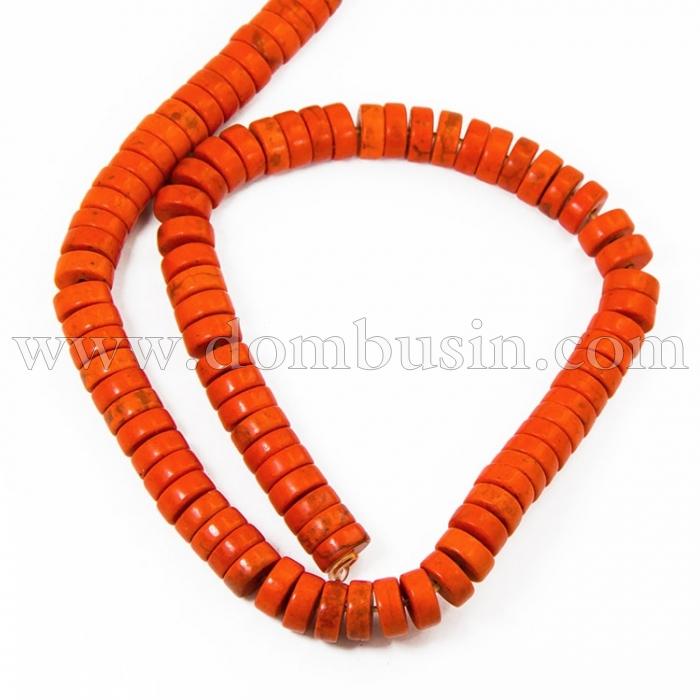 Намистини Синтетична Бірюза, Пофарбовані, На нитках, Рондель, Колір: Помаранчевий, Розмір: Діаметр: 8 мм, Товщина 4 мм, Отвір 1мм, близько 110шт / 41см / нитка, (УТ100012189)