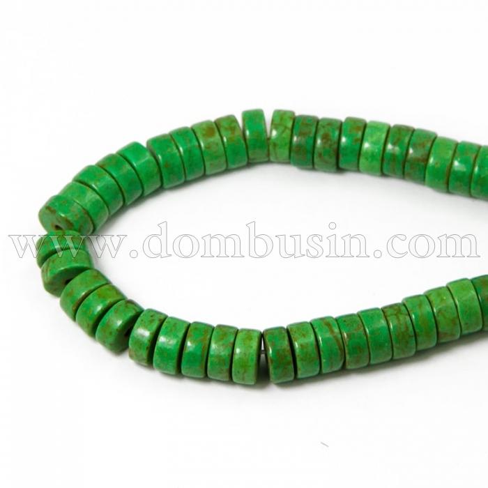 Намистини Синтетична Бірюза, Пофарбовані, На нитках, Рондель, Колір: Зелений, Розмір: Діаметр: 8 мм, Товщина 4 мм, Отвір 1мм, близько 110шт / 41см / нитка, (УТ100012191)