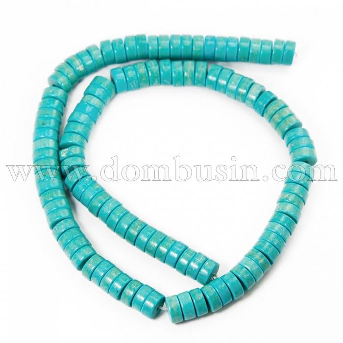 Намистини Синтетична Бірюза, Пофарбовані, На нитках, Рондель, Колір: Бірюзовий, Розмір: Діаметр: 8 мм, Товщина 4 мм, Отвір 1мм, близько 110шт / 41см / нитка, (УТ100012196)