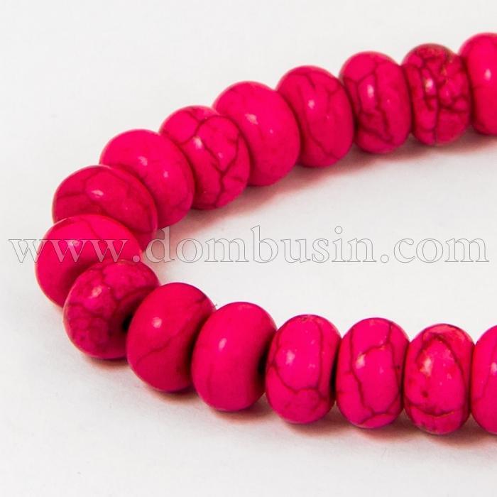 Намистини Синтетична Бірюза, Пофарбовані, На нитках, Рондель, Колір: Рожевий, Діаметр: 8 мм, Товщина 5мм, Отвір 1мм, близько 80шт / 40см / нитка, (УТ100012180)