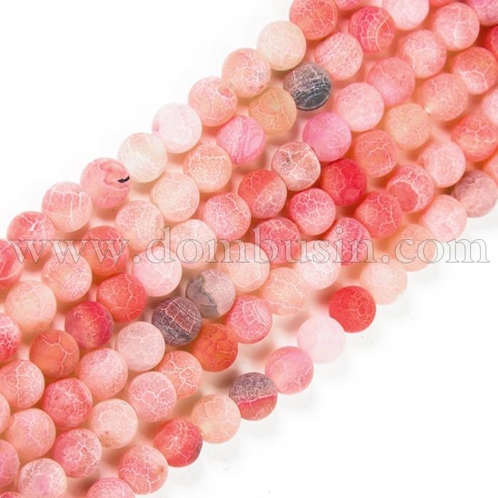 Бусины Натуральный Цветочный Агат, Круглые, Окрашенные, Цвет: Коралловый, Диаметр: 6мм, Отв. 1мм, около 64шт/38см/нить, (УТ100012401)