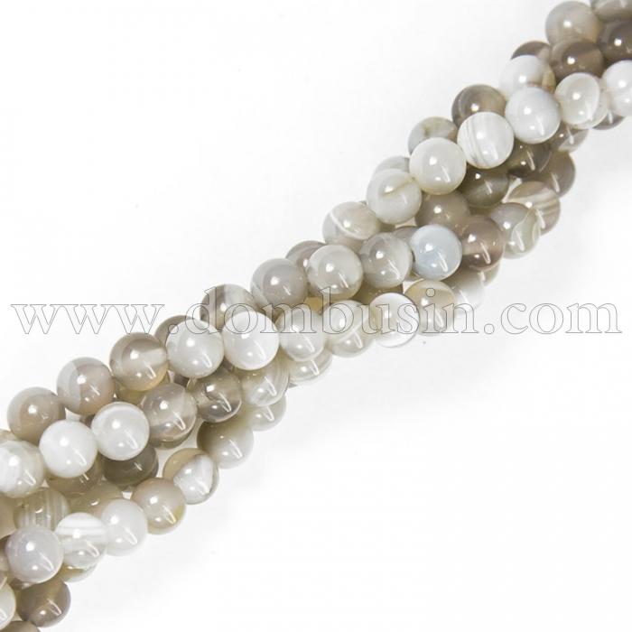 Бусины Натуральный Полосатый Агат, Круглые, Цвет: Светло-серый, Диаметр: 6мм, Отв. 1мм, около 62шт/38см/нить, (УТ100012476)