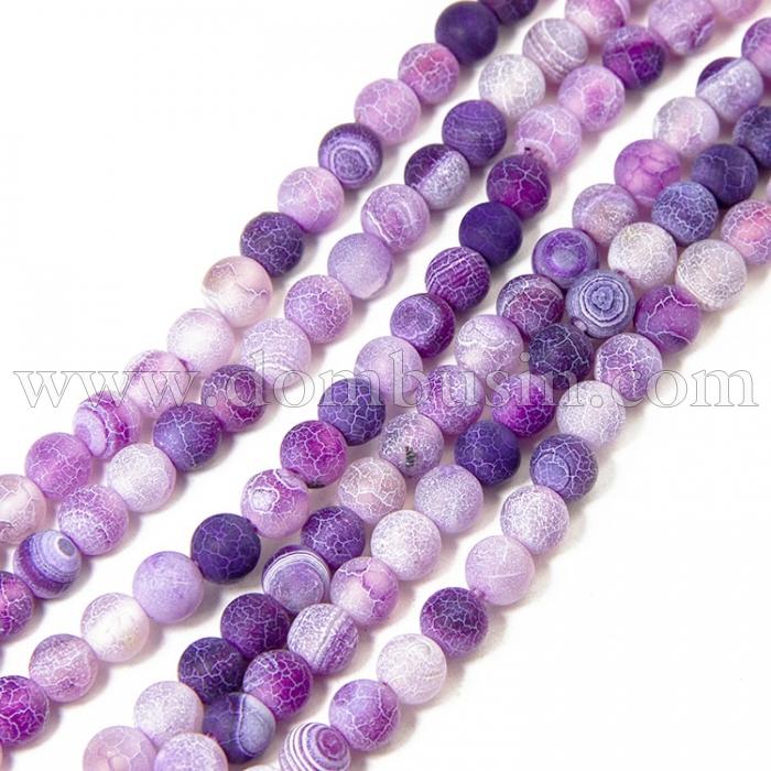 Намистини Агат Кракле Натуральний, Круглі, На нитках, Колір: Бузковий, Діаметр: 4 мм, Отвір 0.8мм, близько 93шт / 38см / нитка, (УТ100012386)