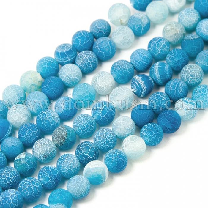 Намистини Агат Кракле Натуральний, Круглі, На нитках, Колір: Блакитний, Діаметр: 4 мм, Отвір 0.8мм, близько 93шт / 38см / нитка, (УТ100012519)