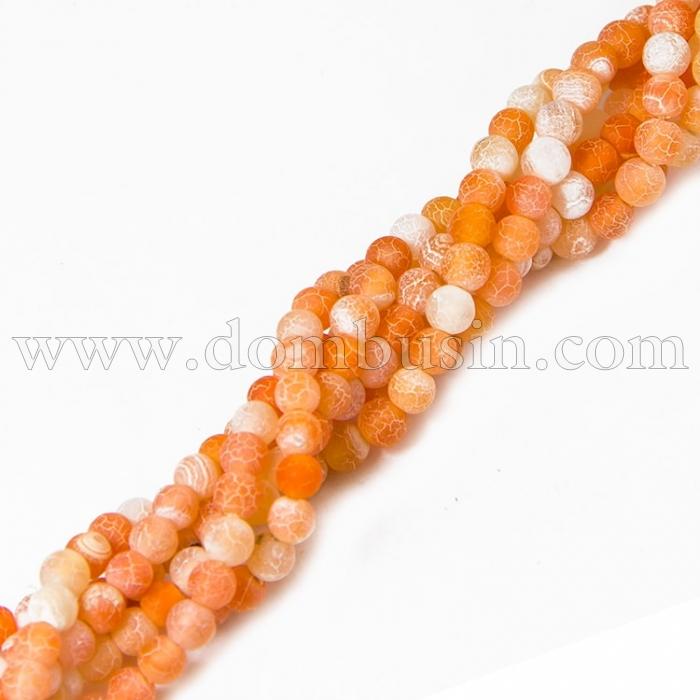 Намистини Агат Кракле Натуральний, Круглі, На нитках, Колір: Морквяний, Діаметр: 4 мм, Отвір 0.8мм, близько 93шт / 38см / нитка, (УТ100012521)