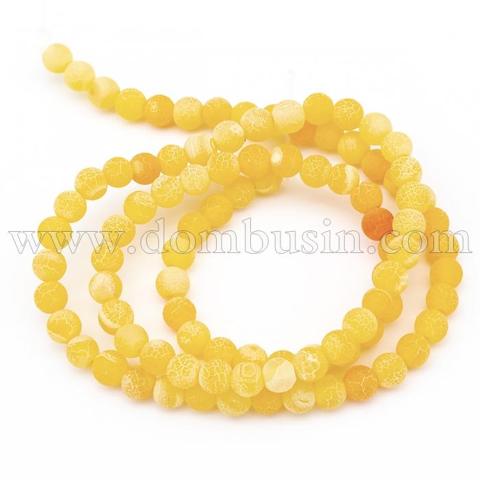 Намистини Агат Кракле Натуральний, Круглі, На нитках, Колір: Помаранчевий, Діаметр: 4 мм, Отвір 0.8мм, близько 93шт / 38см / нитка, (УТ100012522)