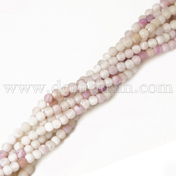 Намистини Агат Кракле Натуральний, Круглі, На нитках, Колір: Біло-бузковий, Діаметр: 4 мм, Отвір 0.8мм, близько 93шт / 38см / нитка, (УТ100012528)