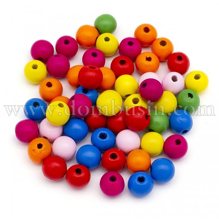 Бусины Деревянные Окрашенные, Круглые, Цвет: Микс, Размер: 14мм, Отв-тие 4мм, около 64шт/50г (УТ100012703)