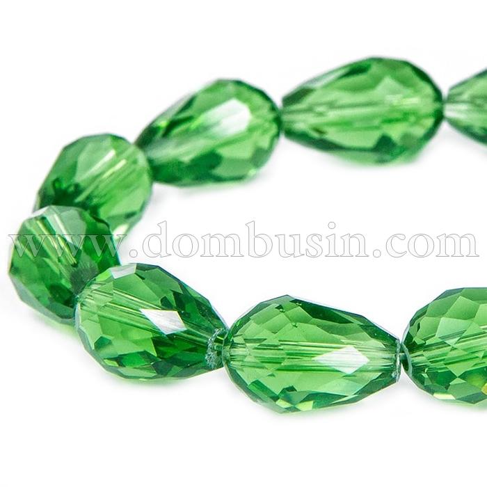 Бусины Стекло Капля, Прозрачные, Граненые, Цвет: Зеленый, Размер: 11х8мм, Отв-тие: 1мм, около 60шт/71см/нить, (УТ100012867)