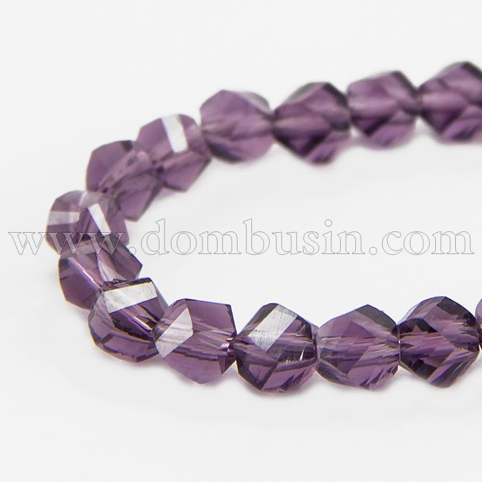 Бусины Стеклянные, Твист, прозрачные, Цвет: Сиреневый, Размер: 6х6х6мм, Отверстие 1мм, около 100шт/60см/нить, (УТ100012876)