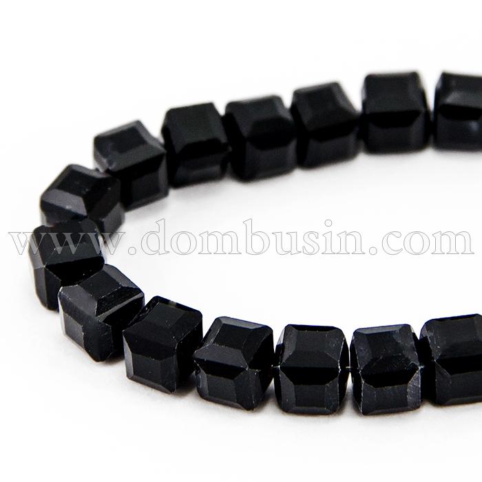 Бусины стеклянные, Кубики прозрачные, Цвет: Черный, Размер: 4х4х4мм, Отверстие 1мм, около 98шт/40см/нить, (УТ100012932)