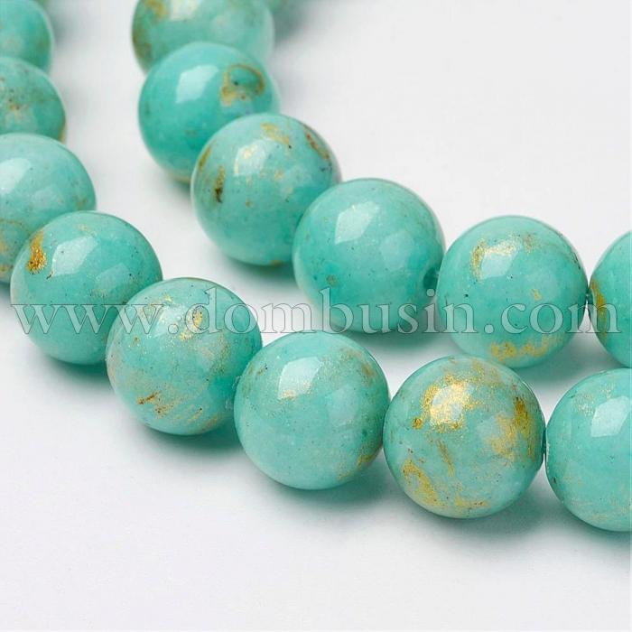 Бусины Натуральный Машанский Нефрит с Золотистым Напылением, На нитях, Круглые, Цвет: Бирюзовый, Диаметр: 6мм, Отв. 1мм, около 62шт/нить, (УТ100013927)