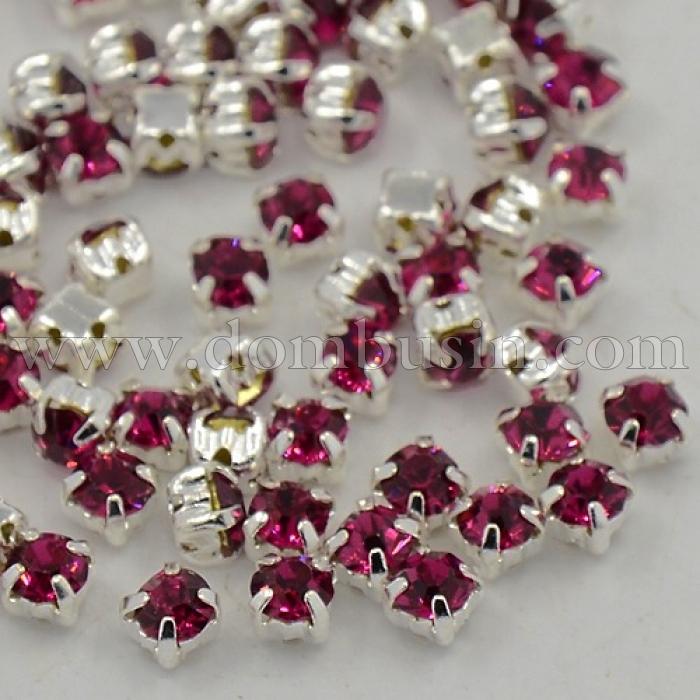 Пришивні Скляні Стрази Клас А, ЦАПи Латунь срібного кольору, Квадратні, Колір: Фуксія, Розмір: 3 ~ 3.2x3 ~ 3.2мм, Отв-тя до 1мм, (УТ100013807)