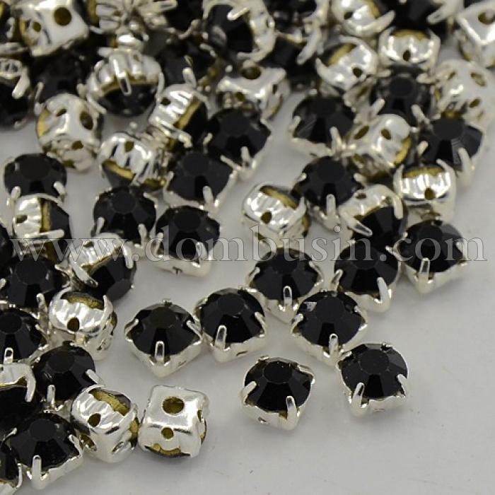 Пришивные Стеклянные Стразы Класс А, Цапы Латунь серебряного цвета, Квадратные, Цвет: Черный, Размер: 3.8~4x3.8~4мм, Отв-тие до 1мм, (УТ100013812)