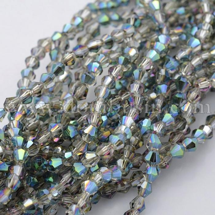 Намистини Гальваніка Скло АВ-Колір, Грановані, Біконус, Колір: Бірюзовий, Розмір: 4х4мм, Отв-тя: 1мм, близько 110шт / 48см / нитка, (УТ100013992)