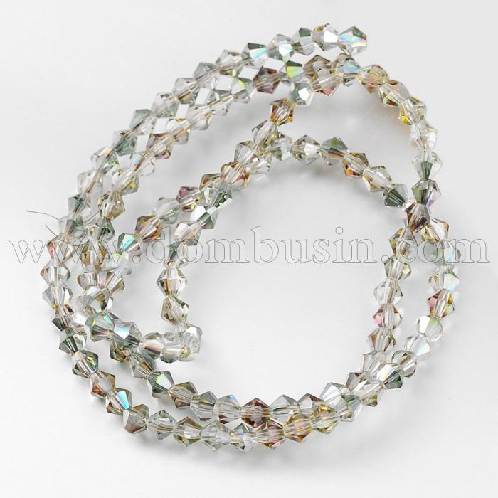 Намистини Гальваніка Скло АВ-Колір, Грановані, Біконус, Колір: Чирок, Розмір: 4х4мм, Отв-тя: 1мм, близько 110шт / 48см / нитка, (УТ100013993)