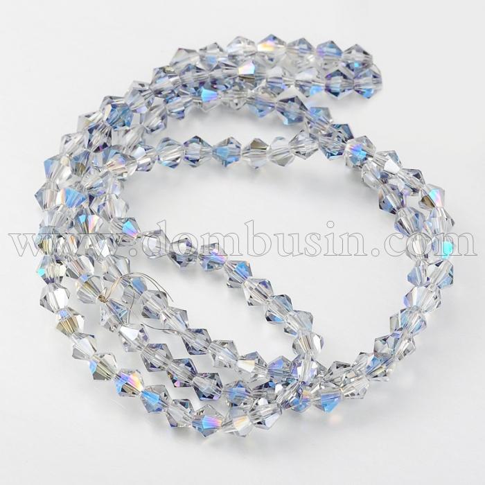 Намистини Гальваніка Скло АВ-Колір, Грановані, Біконус, Колір: Блакитний, Розмір: 4х4мм, Отв-тя: 1мм, близько 110шт / 48см / нитка, (УТ100013994)