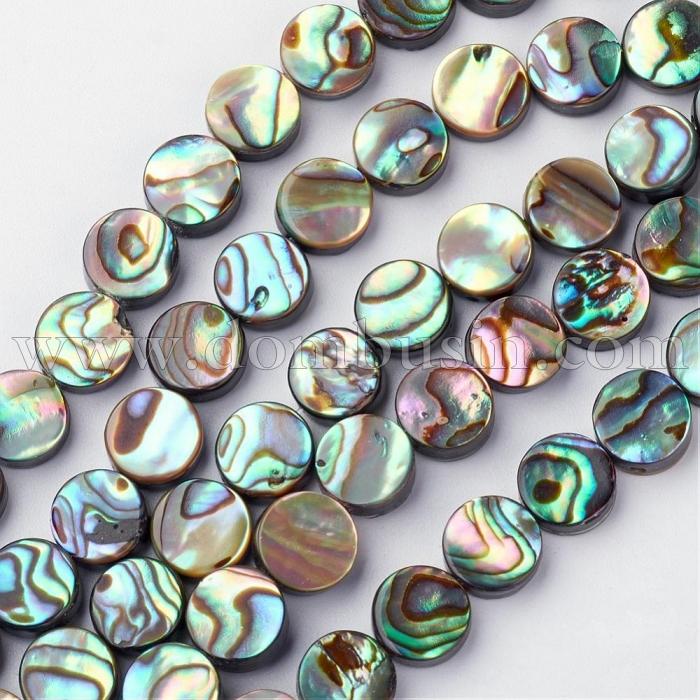Намистини Морський Перламутр Абалон, Круглі Плоскі, Колір: Різнобарвний, Розмір: 10x3мм, Отвір 0.5мм, близько 40шт / нитка, (УТ100014013)