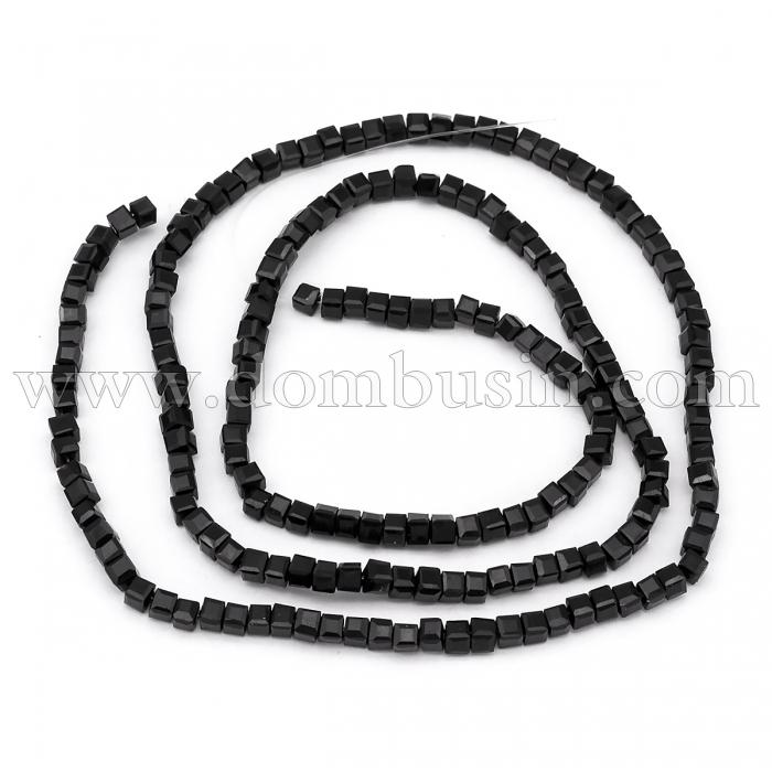 Намистини скляні, Кубики прозорі, Колір: Чорний, Розмір: 2х2х2мм, Отвір 1мм, близько 198шт / 40см / нитка (УТ100012934)