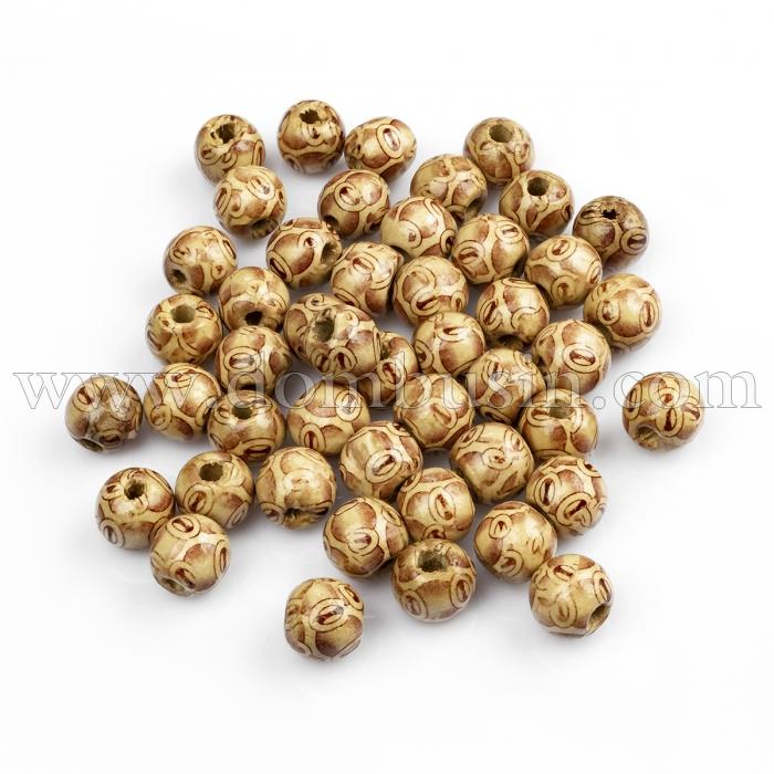 Намистини Дерев'яні Друковані, Круглі, Колір: Коричневий, Діаметр 13мм, Отвір 3~4 мм, близько 75шт/50г, (УТ100013955)