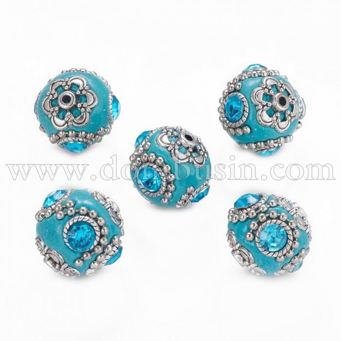 Намистини Індонезійські ручної роботи, Вставки Гірський Кришталь, Полімерна Глина з металом, Круглі, Колір: Блакитний, Діаметр 18 ~ 20мм, Отвір 2 мм, (УТ100012781)