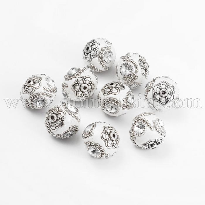 Намистини Індонезійські ручної роботи, Вставки Гірський Кришталь, Полімерна Глина з металом, Круглі, Колір: Білий, Діаметр 18 ~ 20мм, Отвір 2 мм, (УТ100012783)