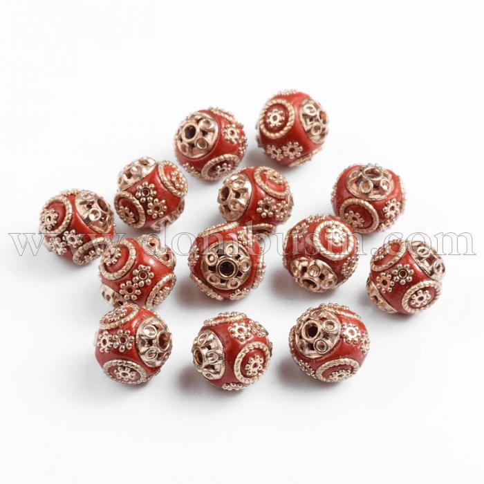 Бусины Индонезийские Ручной Работы, Полимерная Глина с Металлом, Круглые, Цвет: Красный, Размер: 14~15x15мм, Отверстие 2мм, (УТ100012798)