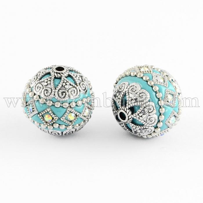 Бусины Индонезийские Ручной Работы, Вставки Горный Хрусталь, Полимерная Глина с Металлом, Круглые, Бирюзовый, 19.5x20мм, Отв.2мм, (УТ100012830)