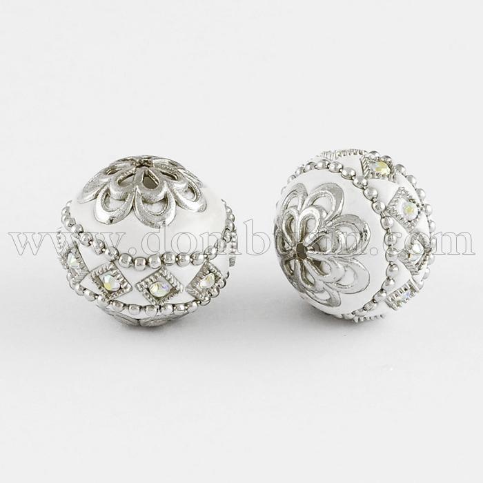 Бусины Индонезийские Ручной Работы, Вставки Горный Хрусталь, Полимерная Глина Металл, Круглые, Слоновая Кость, 19.5x20мм, Отв.2мм, (УТ100012832)