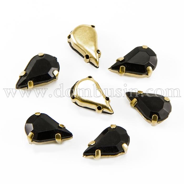 Пришивные Акриловые Стразы, Цапы Латунь, Капля, Цвет: Черный, Цвет Цап: Золото, Размер: 13х8х5.5мм, Отв-тие 1мм, (УТ100014566)