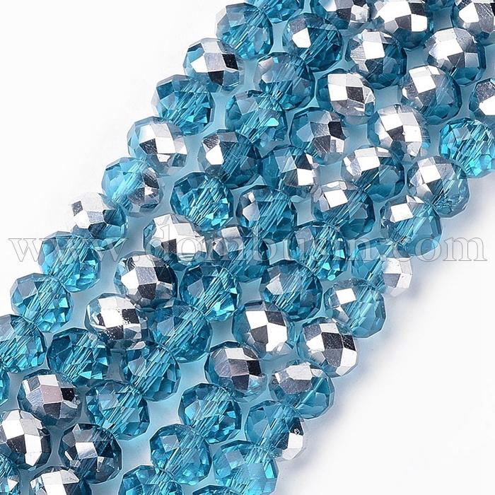 Бусины Стекло с Гальваникой, Граненые, Рондель, Серебристое Полупокрытие, Голубой, 4х3мм, Отв. 1мм, около 144шт/46см/нить (УТ100014640)