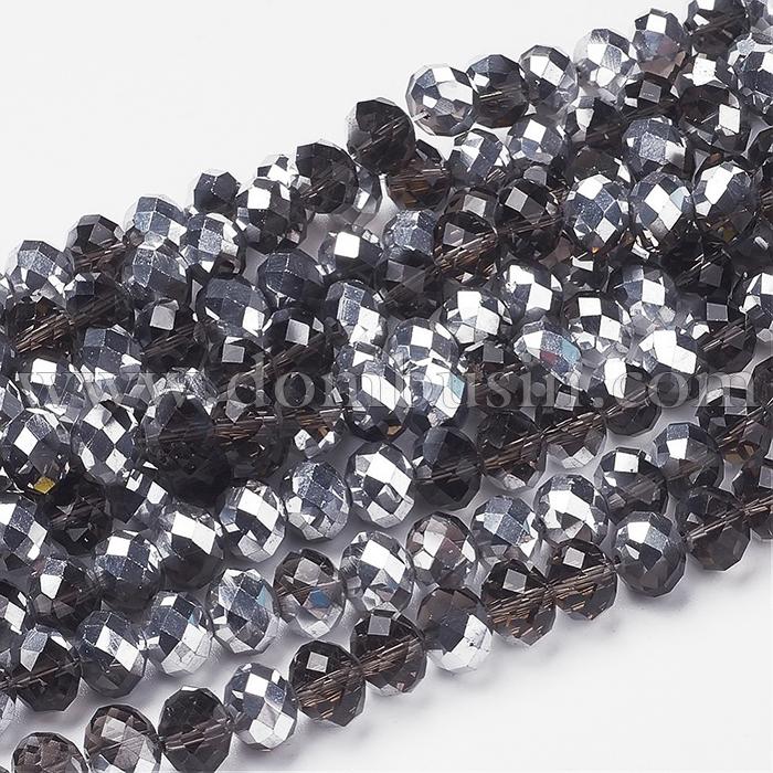 Бусины Стекло с Гальваникой, Граненые, Рондель, Серебристое Полупокрытие, Цвет: Кофе, Размер: 10х7мм, Отв. 1мм, около 72шт/50см/нить, (УТ100014642)