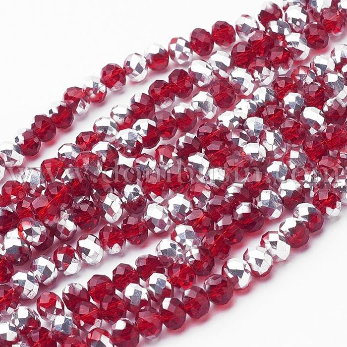 Бусины Стекло с Гальваникой, Граненые, Рондель, Серебристое Полупокрытие, Цвет: Красный, Размер: 6х4мм, Отв. 1мм, около 98шт/43см/нить, (УТ100014646)