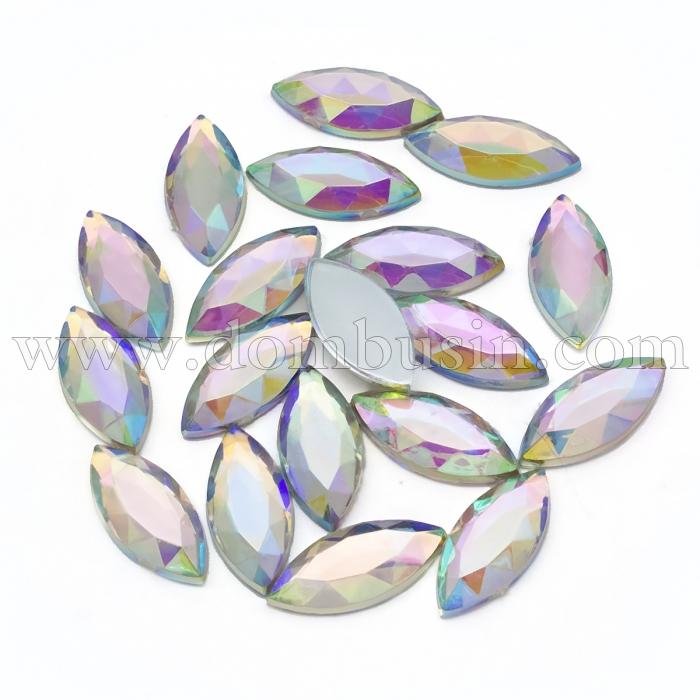 Акриловые Стразы - Кабошоны, Плоские сзади, Форма Конский Глаз, Граненые, Цвет: Мультицвет, Размер: 20х9х3мм, (УТ100014697)