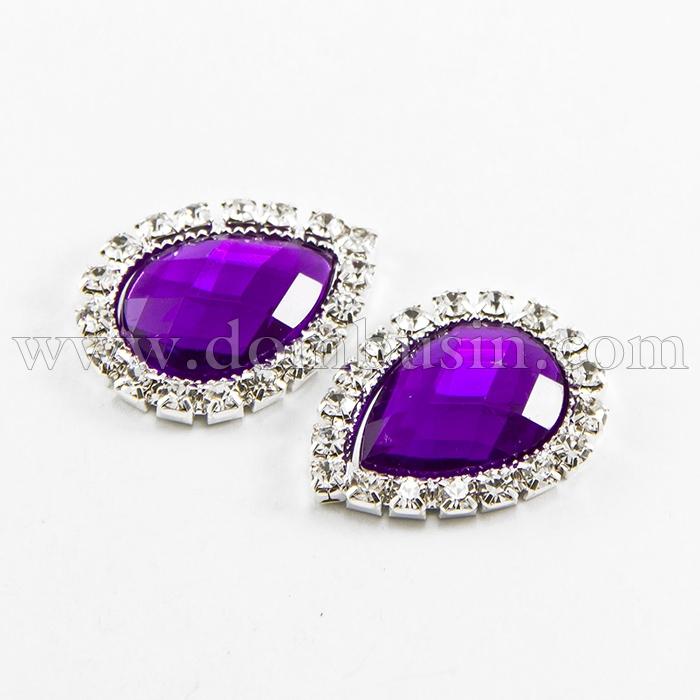 Стрази - Кабошони Акрил, навколо Стрази гірський Кришталь Клас А в основах Латунь кольору Срібло, Крапля, Плоскі ззаду, Грановані, Колір: Індиго, Розмір: 26x20x4мм, (УТ100014781)