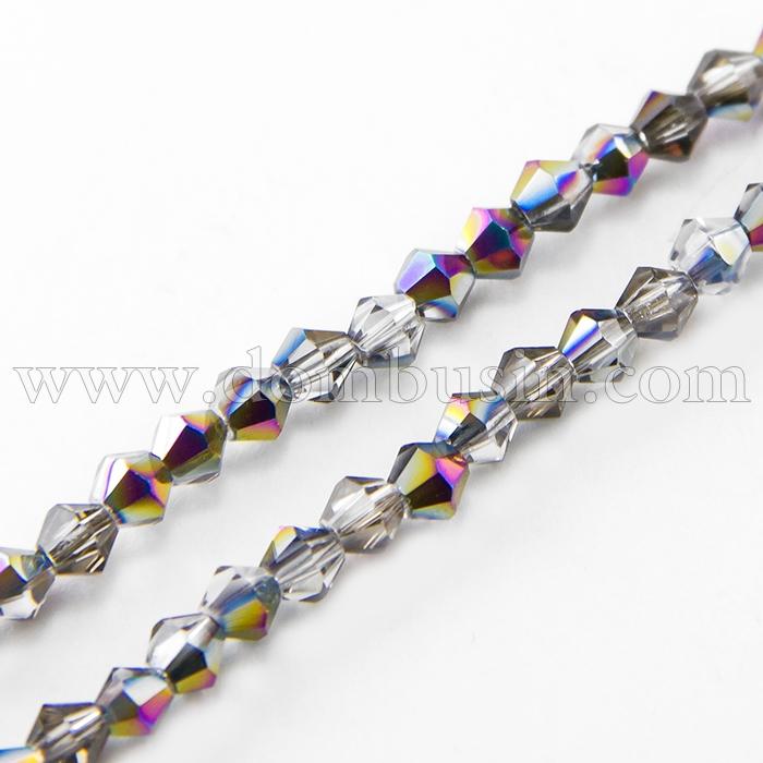 Намистини Гальваніка Скло АВ-Колір напів, Грановані, Біконус, Колір: Сірий, Розмір: 4х4мм, Отв-тя: 1мм, близько 100шт / 48см / нитка, (УТ100014888)