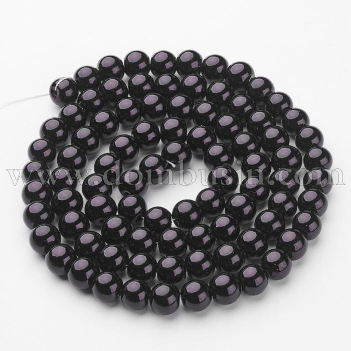Перли Намистини Скло 10мм, Глянцеві, Круглі, Колір: Чорний, Діаметр: 10мм, Отв-тя 1мм, близько 85шт / 85см / нитка, (БА000000363)