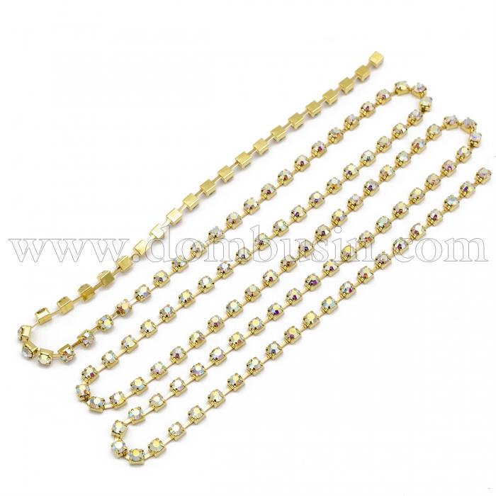 Стразовая Цепь Декоративная, Класс А, Золото/Кристалл АВ, 2мм, около 360шт/1.1м, (УТ100015218)