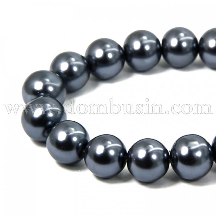 Жемчуг Бусины Стекло 14мм, Глянцевые, Круглые, Цвет: Темно-сине-серый, Диаметр: 14мм, Отв-тие 1мм, около 62шт/87см/нить, (БА000000440)