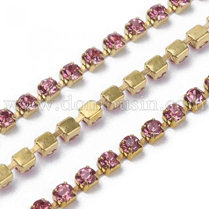 Стразовий Ланцюг Декоративний, Клас А, Золото/Рожевий, 2.8мм, близько 285шт/1.5м, (УТ100015234)